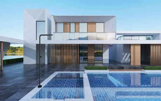 Douche de piscine noire en inox 316 avec diffuseur anticalcaire et robinet