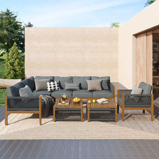 Salon jardin 7-8 pers: canapé, table, coussins, housse tissu amovible lavable gris naturel