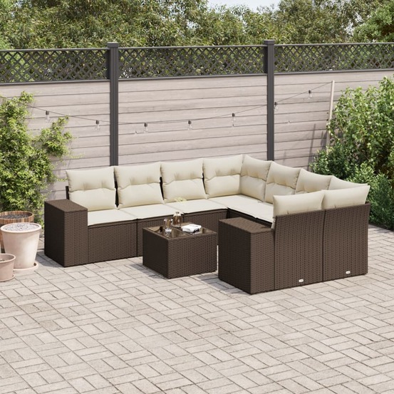 Salon de jardin avec coussins 9 pcs marron résine tressée