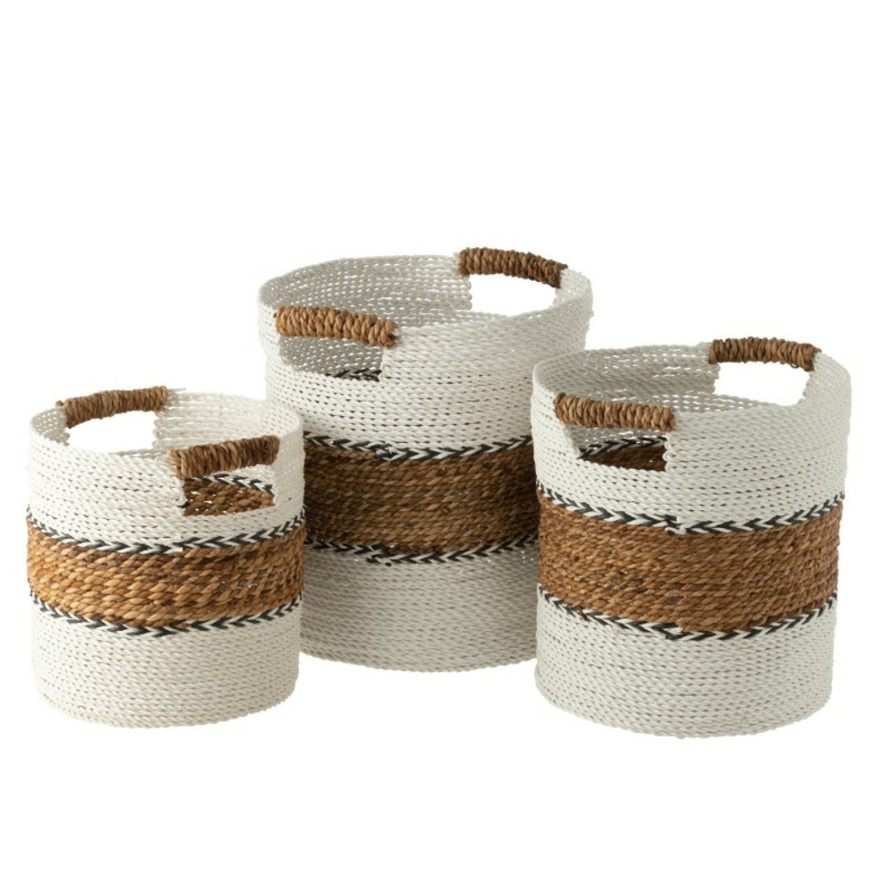 Set de 3 paniers rayés en raphia noir et naturel d31 à 40cm