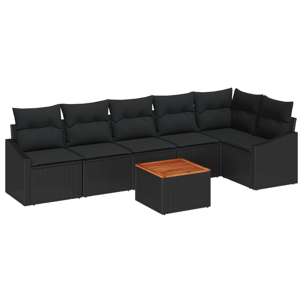 Ensemble de sofa jardin 7 pièces avec coussins noir poly rattan acacia