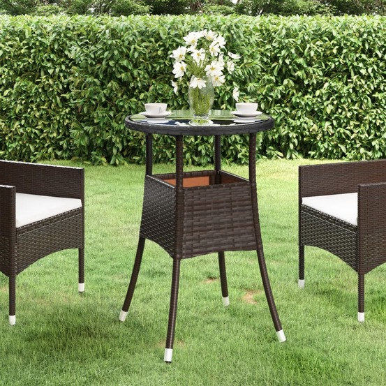 Table de jardin ø60x75 cm verre trempé/résine tressée marron