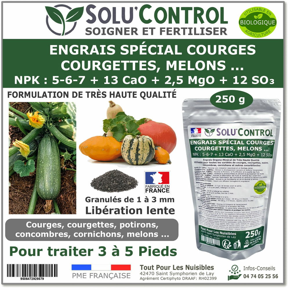 250 g engrais spécial courges, courgettes et autres cucurbitacées - solucontrol - formulation haute qualité organo-minerale