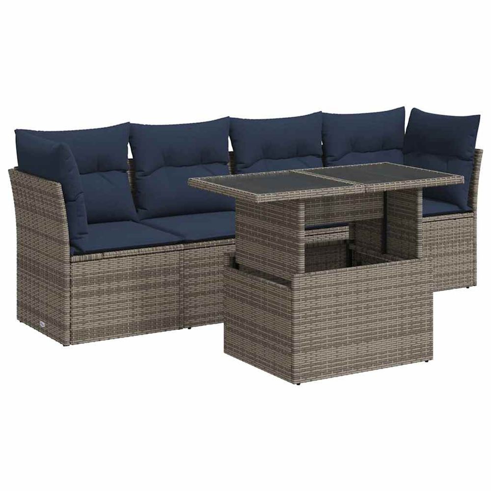 Salon de jardin 5 pcs avec coussins gris résine tressée acacia