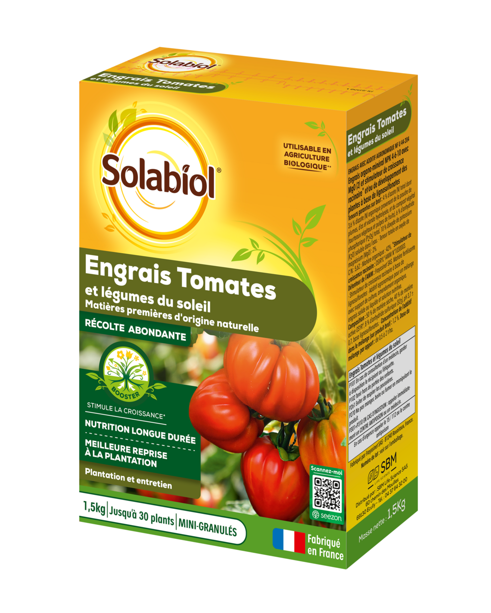 Solabiol engrais tomates & légumes du soleil - 1,5kg - jusqu'à 30 plants - nutrition longue durée
