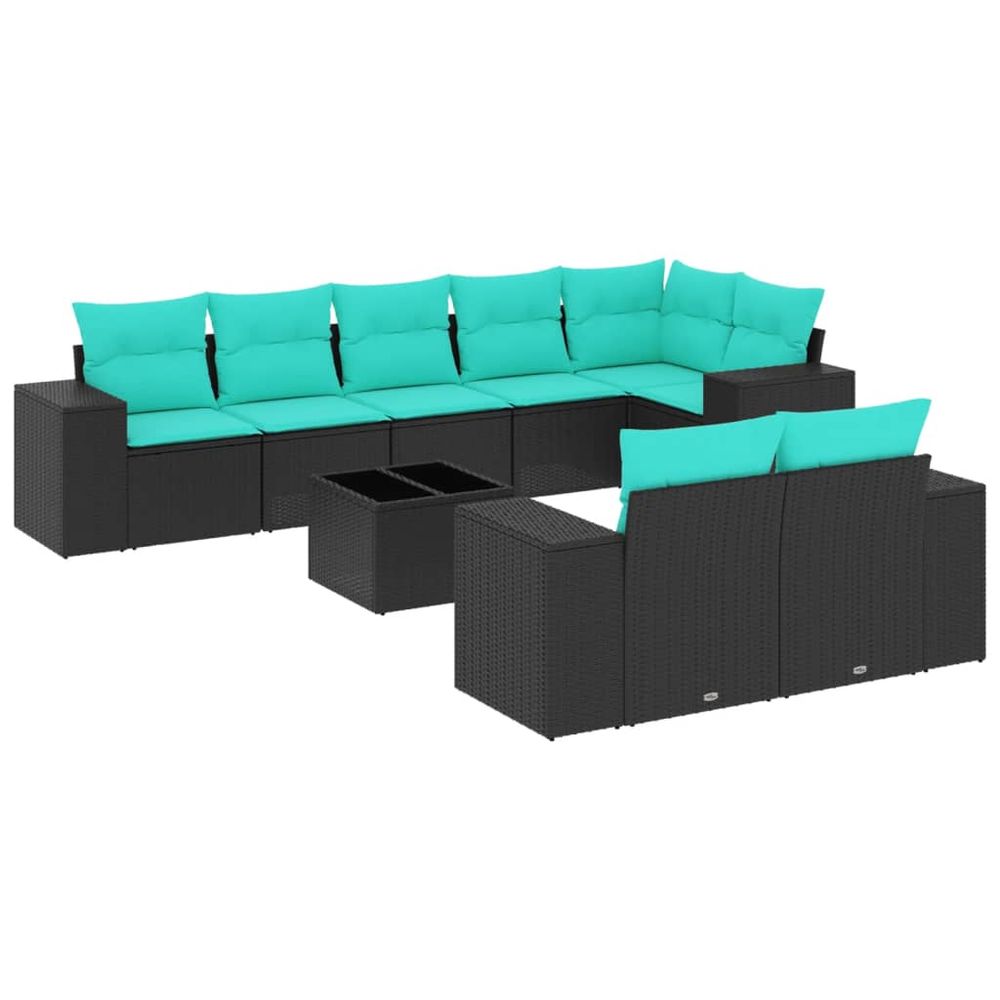Ensemble de canapé de jardin 9 pcs avec coussins noir résine tressée