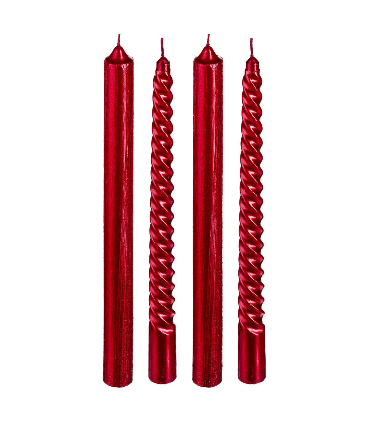 Lot de 4 bougies bâtons pailleté et twisté rouge h 25 cm