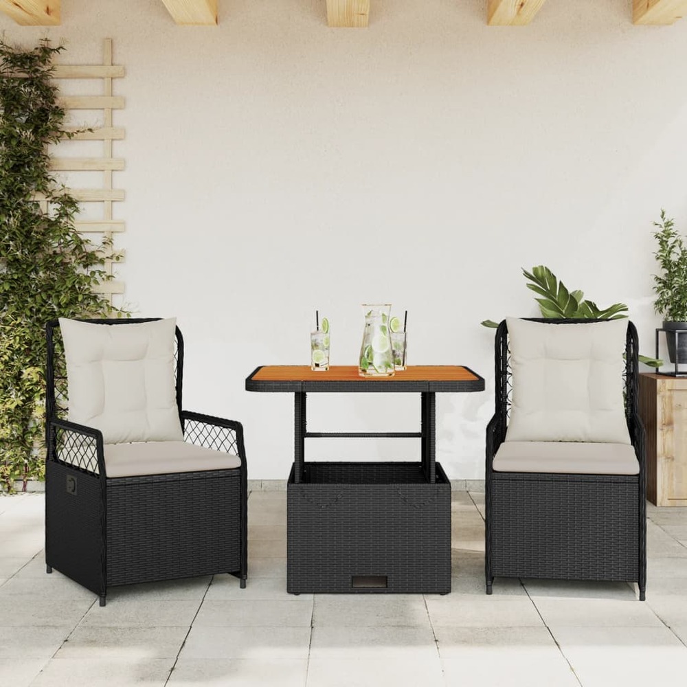 Ensemble à manger de jardin avec coussins 3 pcs noir