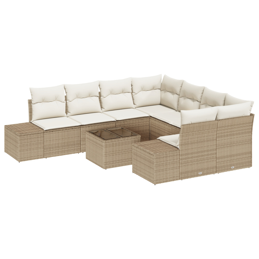 Ensemble de canapé de jardin 9 pièces avec coussins beige en poly rotin