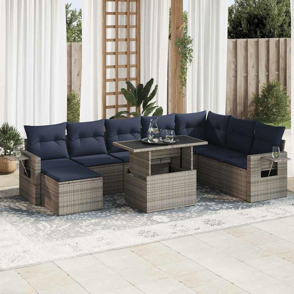Salon de jardin avec coussins 9 pcs gris résine tressée acacia