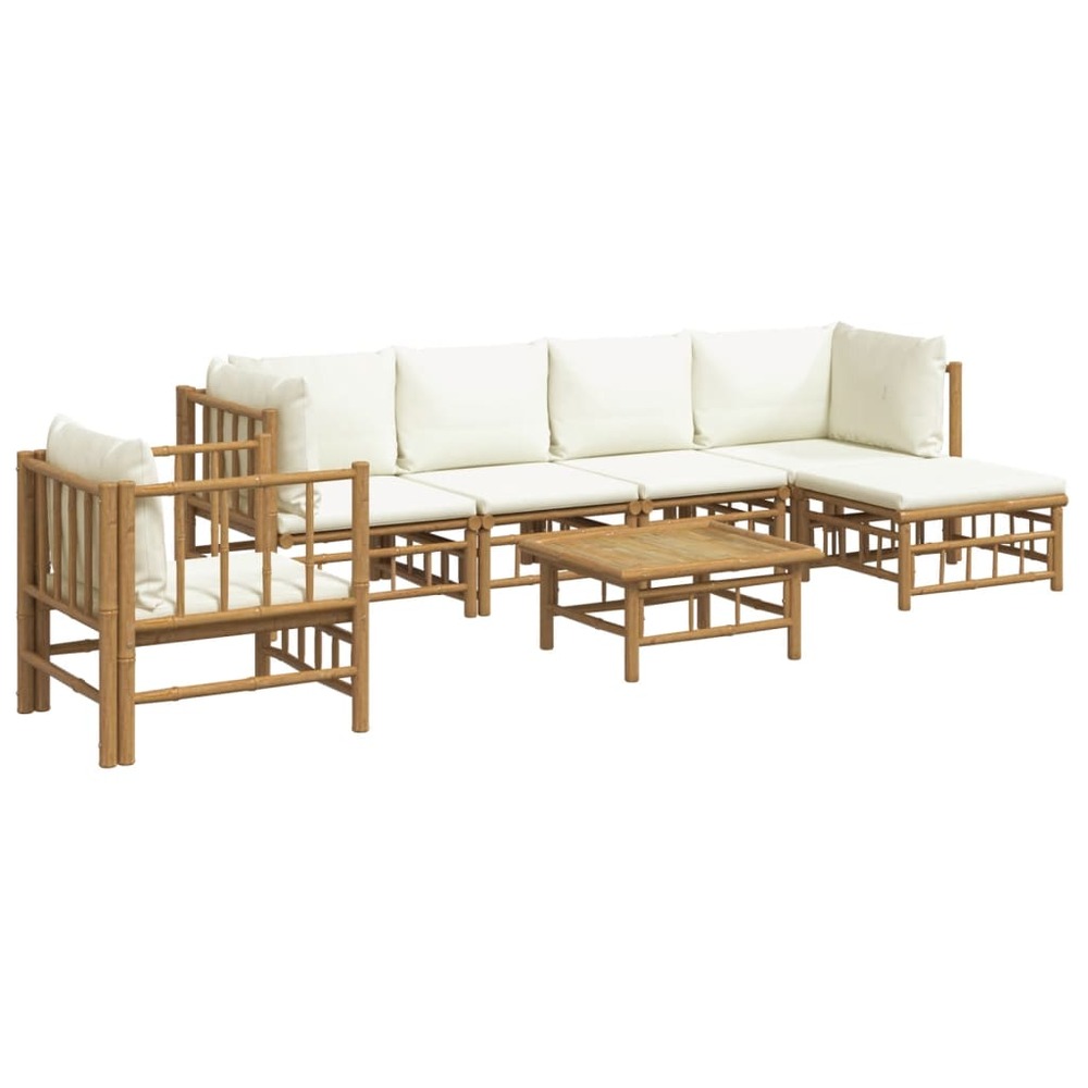 Salon de jardin meuble d'extérieur ensemble de mobilier 7 pièces avec coussins blanc crème bambou