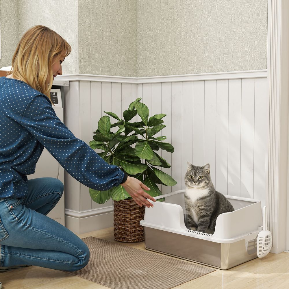 Litière pour chat, bac à litière en acier inoxydable avec côtés hauts pelle nettoyage facile 60 x 40 x 28 cm gris clair