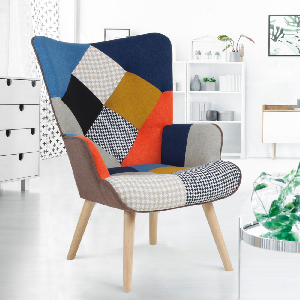 Fauteuil scandinave ivar en tissu patchwork multicouleurs et imprimé pied de poule