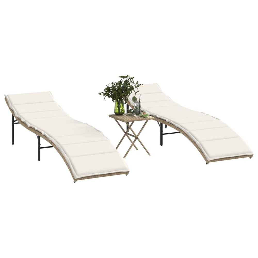 Chaises longues lot de 2 avec table beige résine tressée