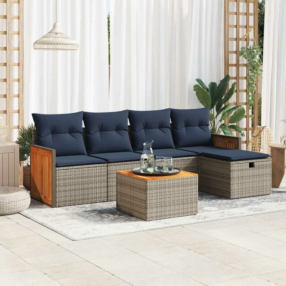 Salon de jardin 6 pcs avec coussins gris résine tressée