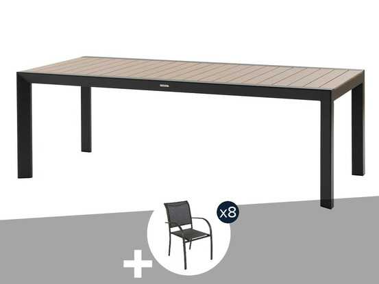 Table de jardin rectangulaire alu evasion 8 places effet bois honey graphite + 8