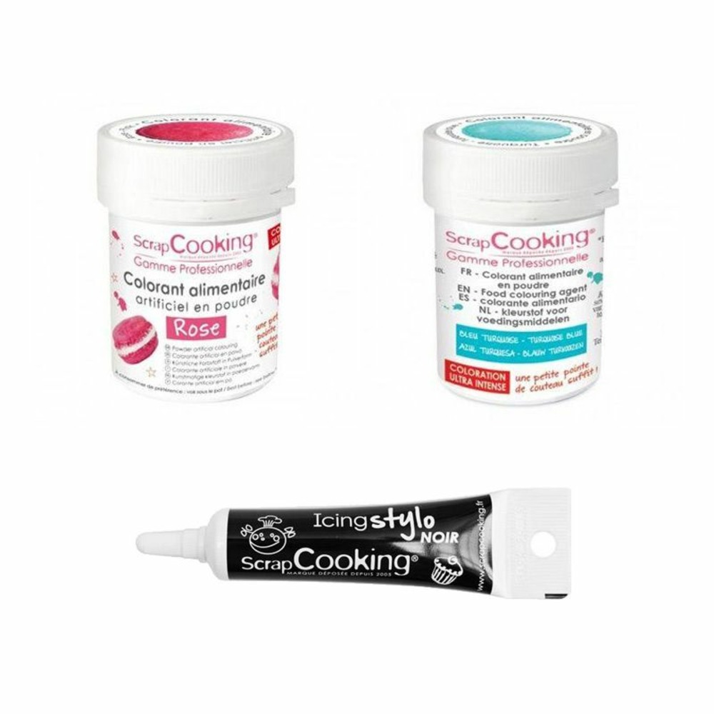 2 colorants alimentaires rose-turquoise + stylo glaçage noir