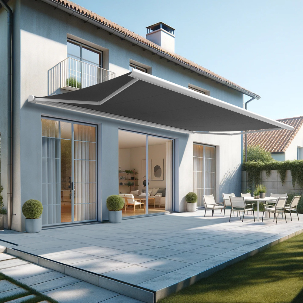 Store banne coffre intégral hevoa 6,00x3,50 m (motorisé secours à télécommande - blanc satiné ral9010 - gris graphite)