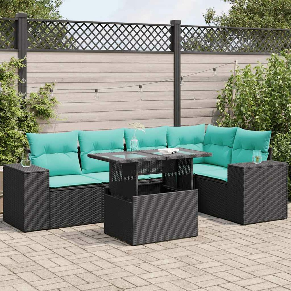 Salon de jardin 6 pcs avec coussins noir résine tressée acacia