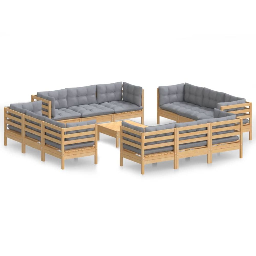 Salon de jardin 13 pcs avec coussins gris bois de pin