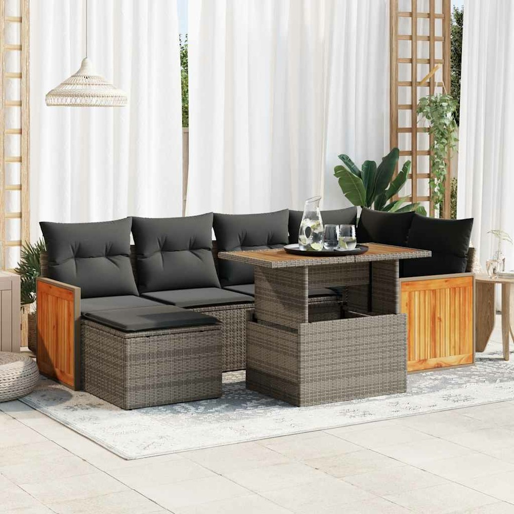 Salon de jardin avec coussins 7 pcs gris résine tressée acacia