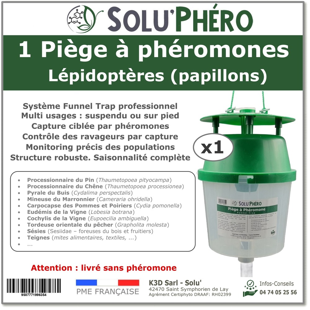 Solu'phero - Piège à phéromones funnel trap – Piège papillons lépidoptères – usage jardin & vergers – sans phéromone
