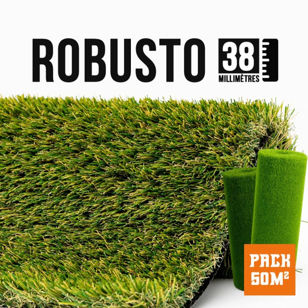 Gazon synthétique robusto 38 mm – 2 × 25 m, 50 m² – jardin et contour de piscine