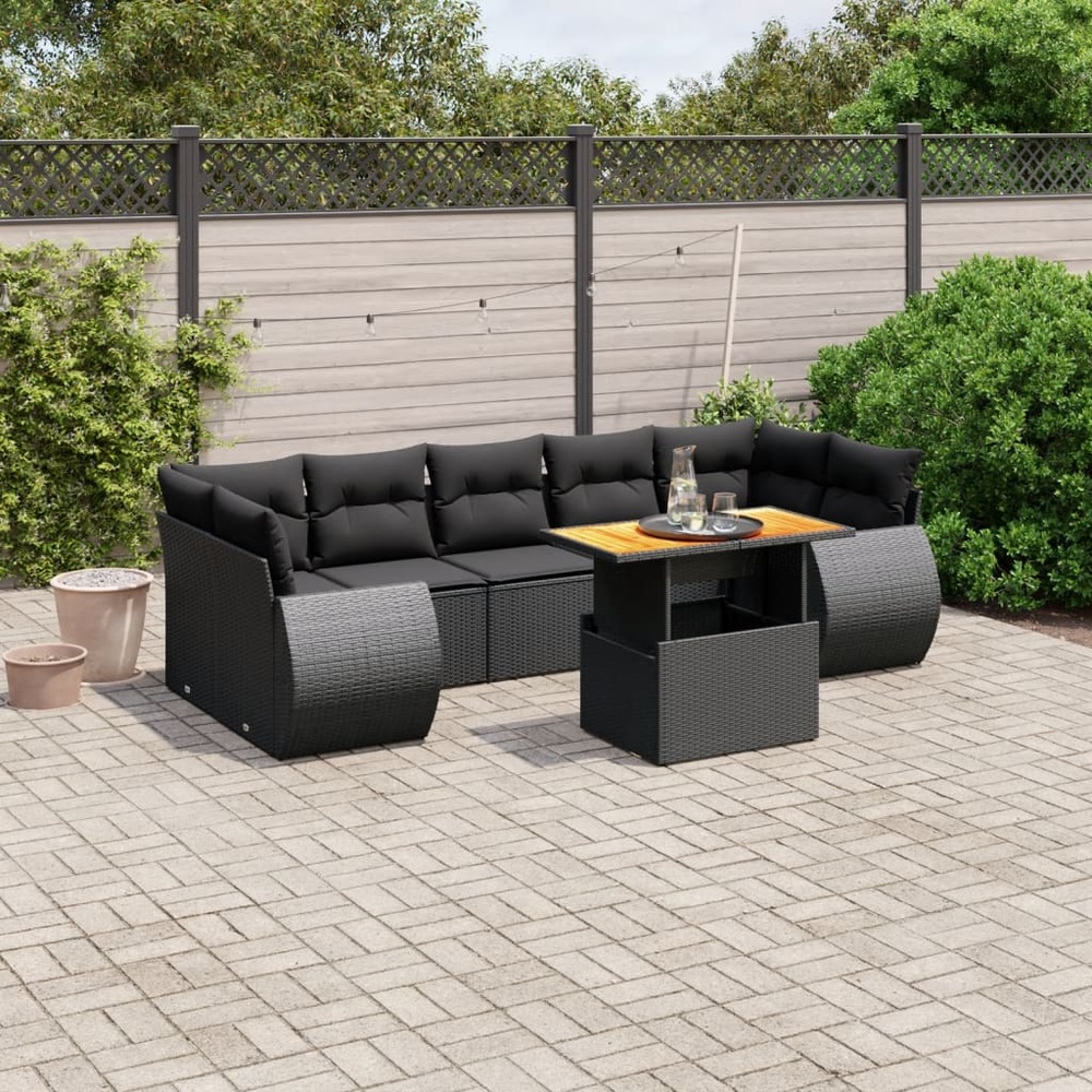 Salon de jardin 8 pcs avec coussins noir résine tressée