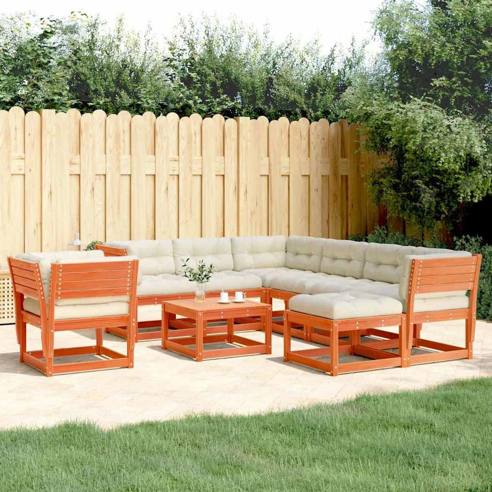 Salon de jardin 8 pcs avec coussins cire marron bois pin massif