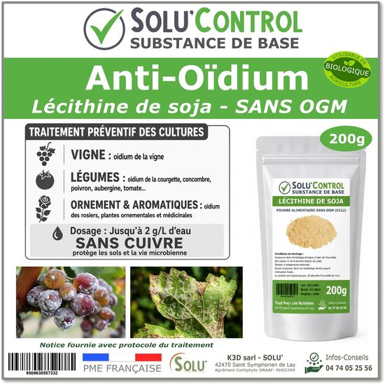 Solu'control lécithine de soja 200 g – traitement naturel préventif contre l'oïdium – substance de base - sans cuivre – vigne...