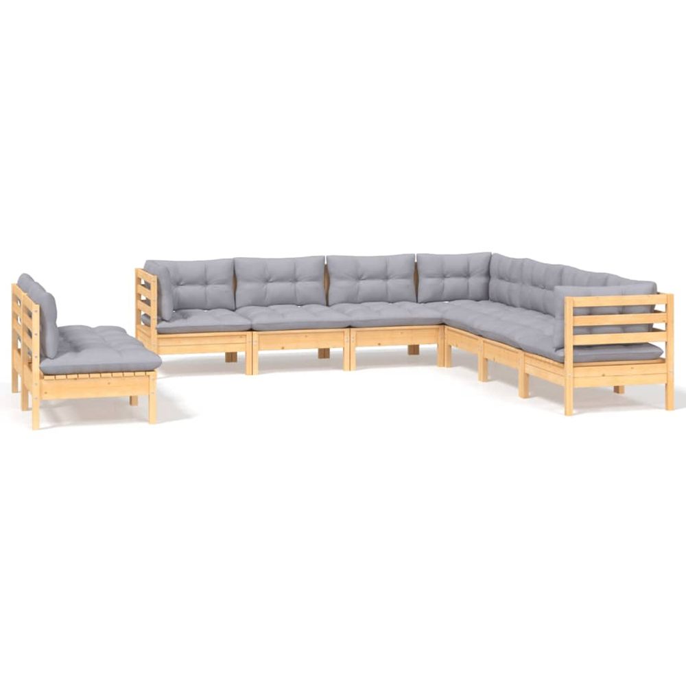 Salon de jardin 9 pcs avec coussins gris bois de pin massif