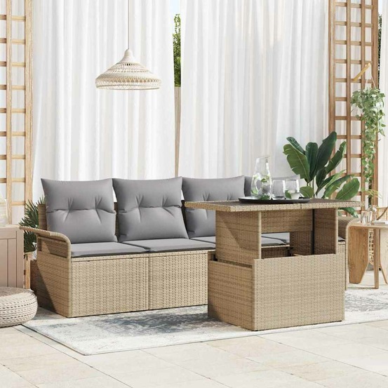 Ensemble de canapé de jardin avec coussin 5 pcs beige polyrotin