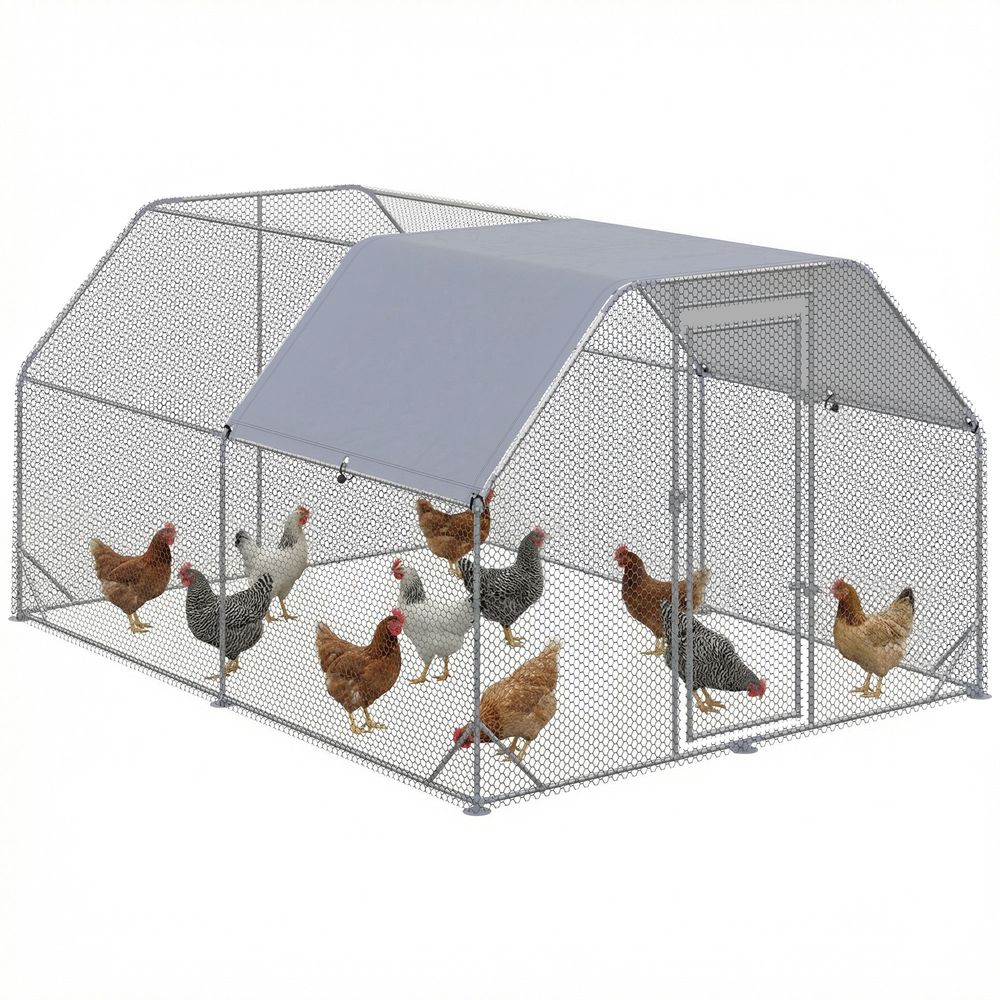 Enclos poulailler extérieur acier galvanisé 2,8 x 3,8 x 1,95 m gris 10 à 12 poules