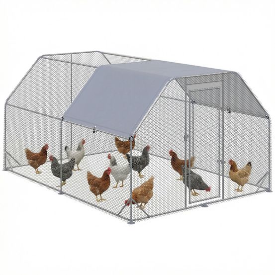 Enclos poulailler extérieur acier galvanisé 2,8 x 3,8 x 1,95 m gris 10 à 12 poules