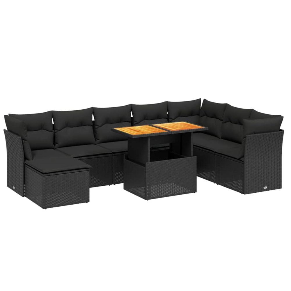 Salon de jardin 9 pcs avec coussins noir résine tressée