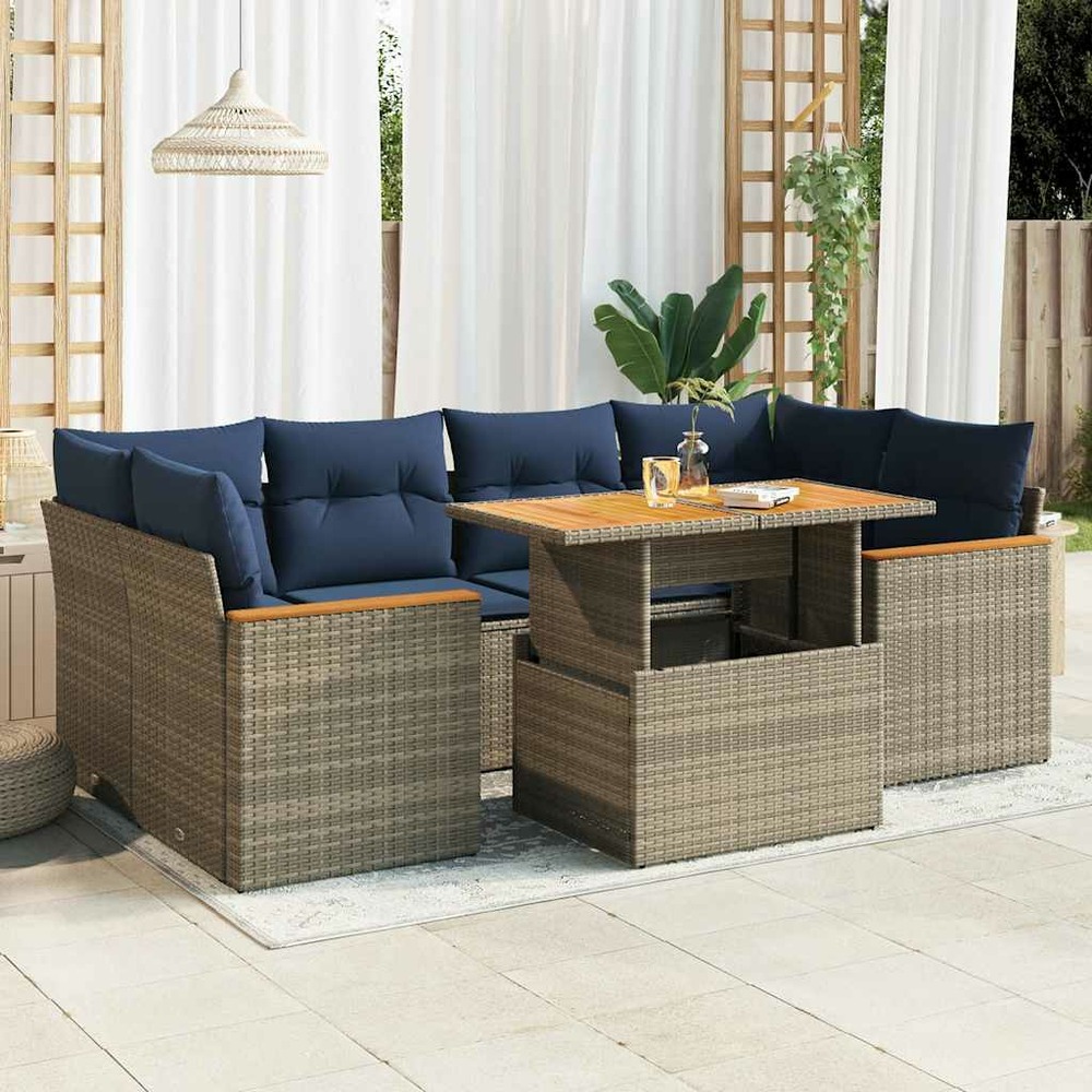 Salon de jardin avec coussins 7 pcs gris résine tressée