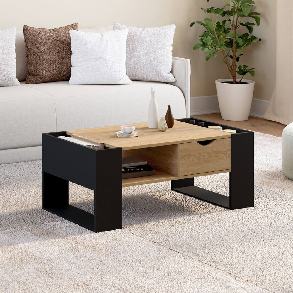 Table basse rectangulaire beryl avec tiroir bois noir et façon hêtre