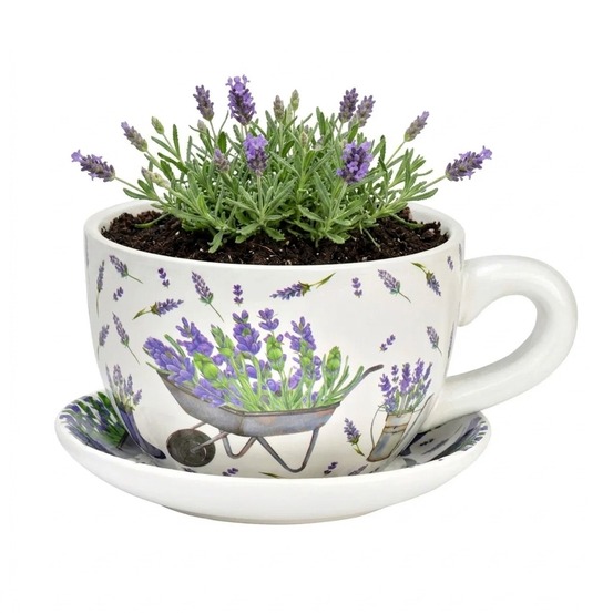 Vase ou pot de fleurs en forme de tasse décor lavande