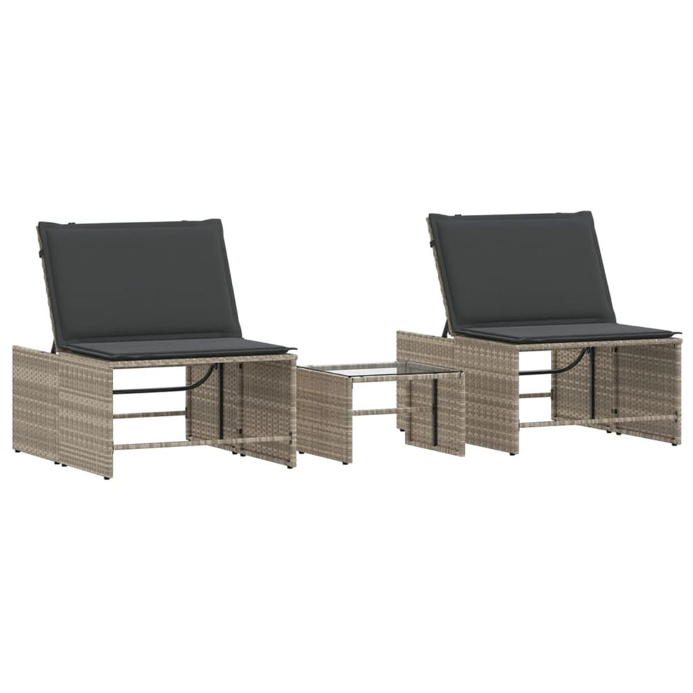 Chaises longues 2 pièces avec table en résine tressée gris clair