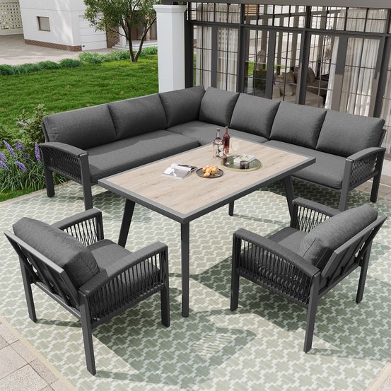 Salon jardin 8 pers: corde tressée, grande table bois, acier galvanisé, pieds réglables, coussins incl gris