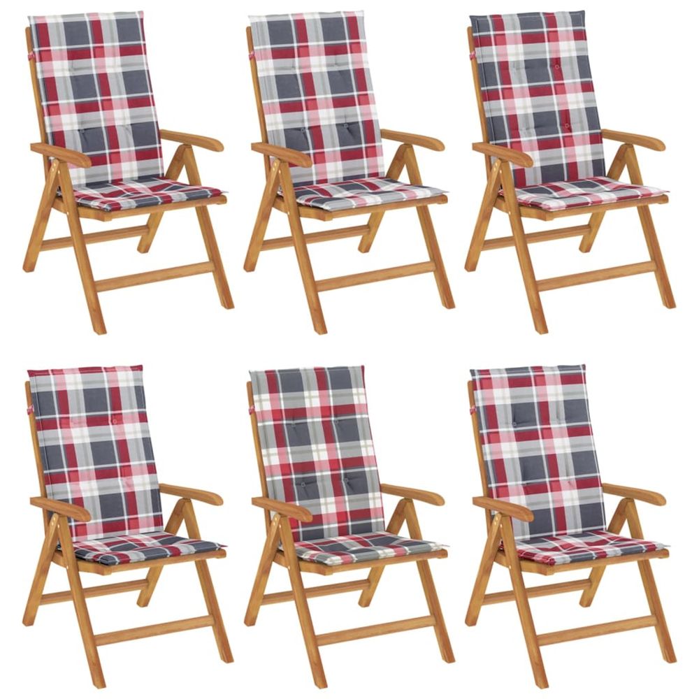 Fauteuils pliants inclinables avec coussins, 6 pièces, en bois massif de teck
