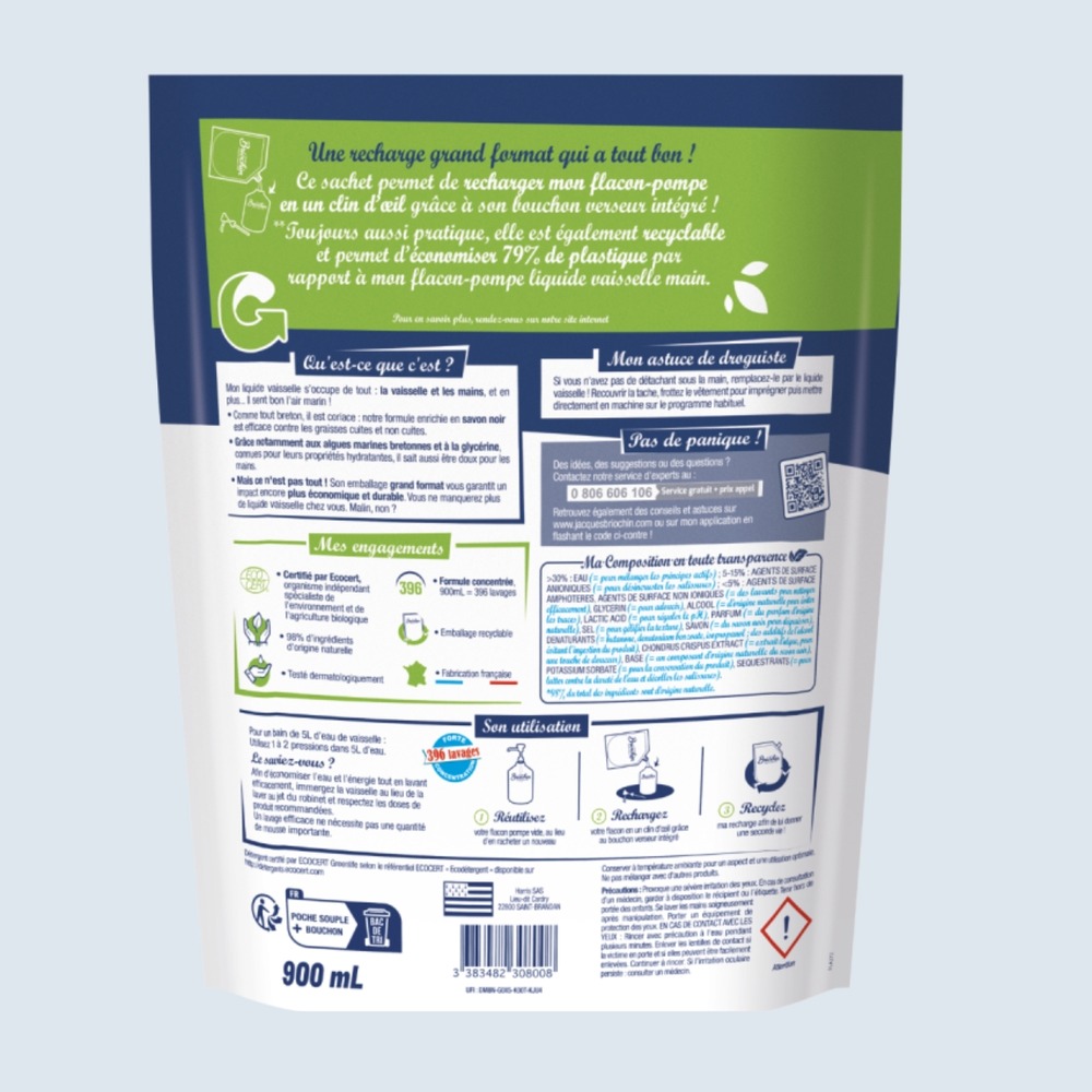 Recharge liquide vaisselle mains savon noir & algues marines ecocert