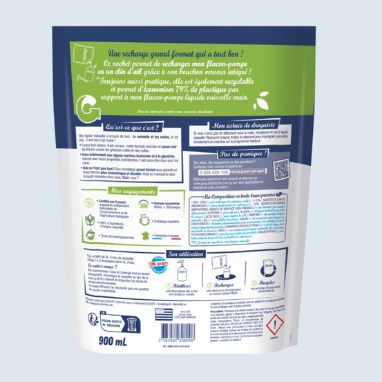 Recharge liquide vaisselle mains savon noir & algues marines ecocert