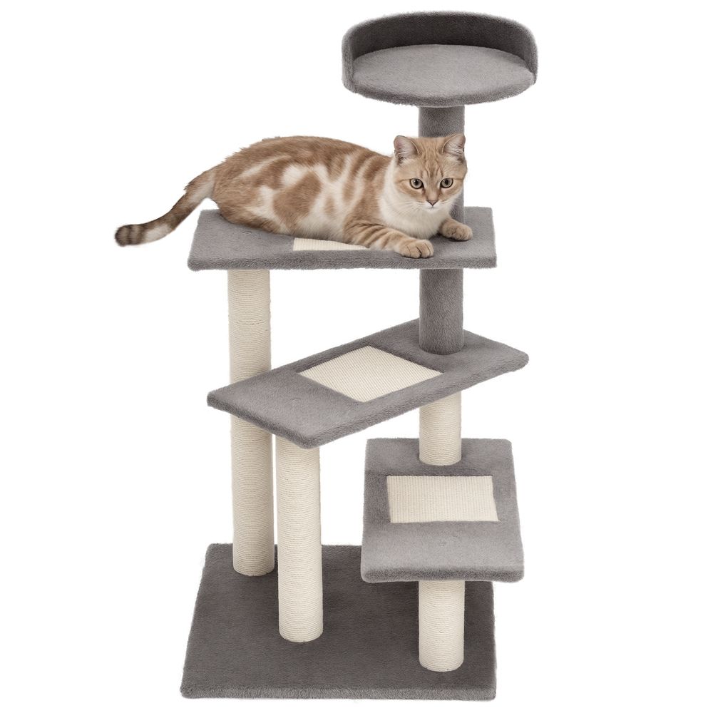 Arbre à chat design spirale 100 cm avec plateformes griffoir en sisal pour 3 chats gris beige