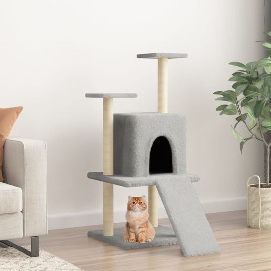 Tour d'activité pour chat 110 cm avec niche, échelle d'accès, plateformes et griffoirs sisal gris clair