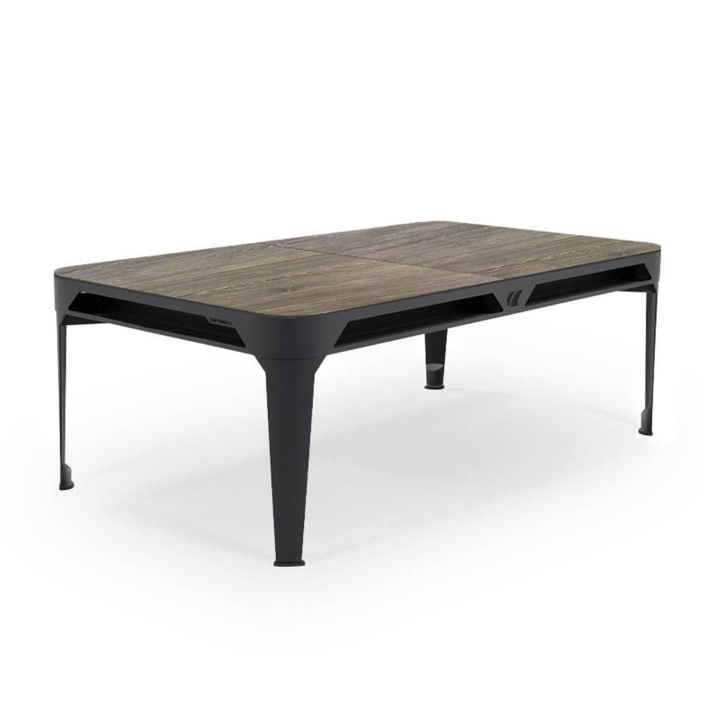 Billard d'extérieur convertible hyphen outdoor noir / tapis gris foncé / réceptacles : gris noir / plateaux : décor bois