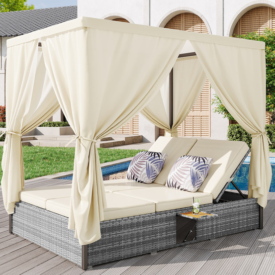 Chaise longue de jardin, lit double avec rideau d'ombrage, chaise longue en rotin pliable avec coussins, table pliante, beige
