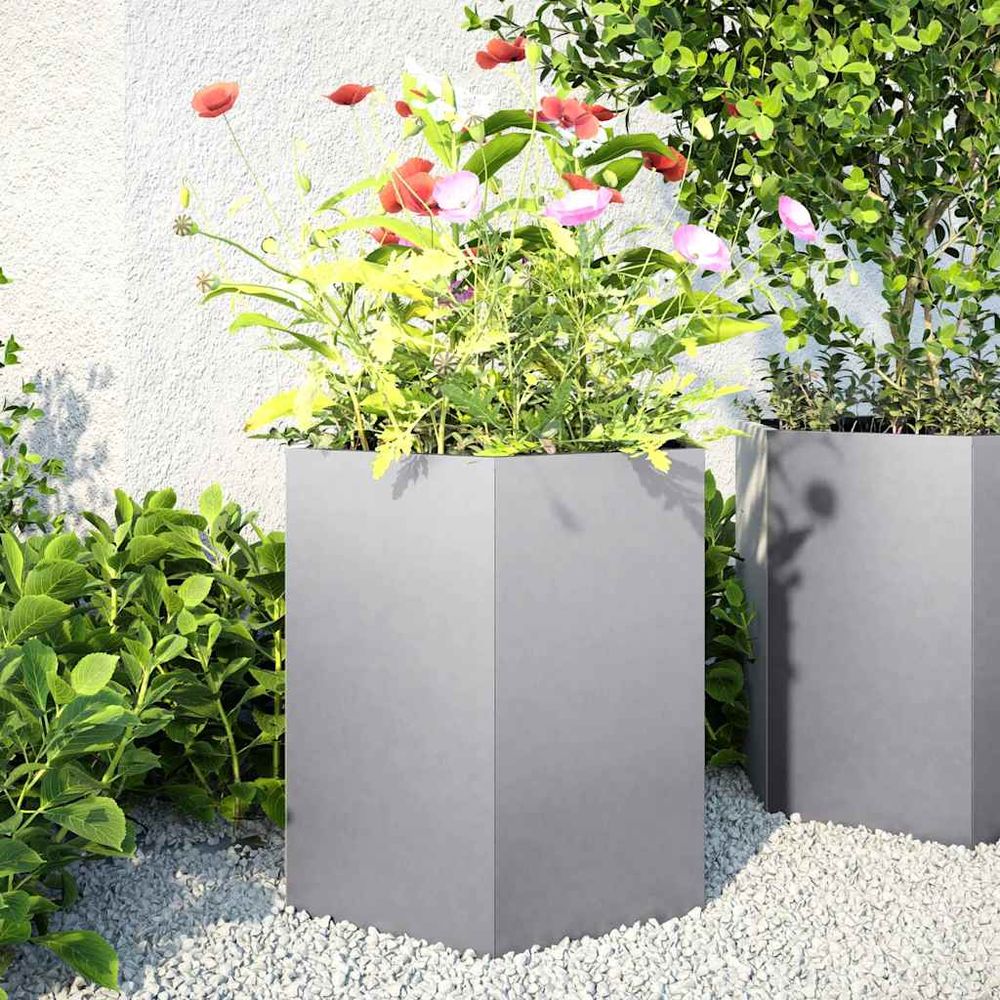 Lot de 2 jardinières hexagonales acier galvanisé forme originale pour aménagement jardin argent 46x40x45cm