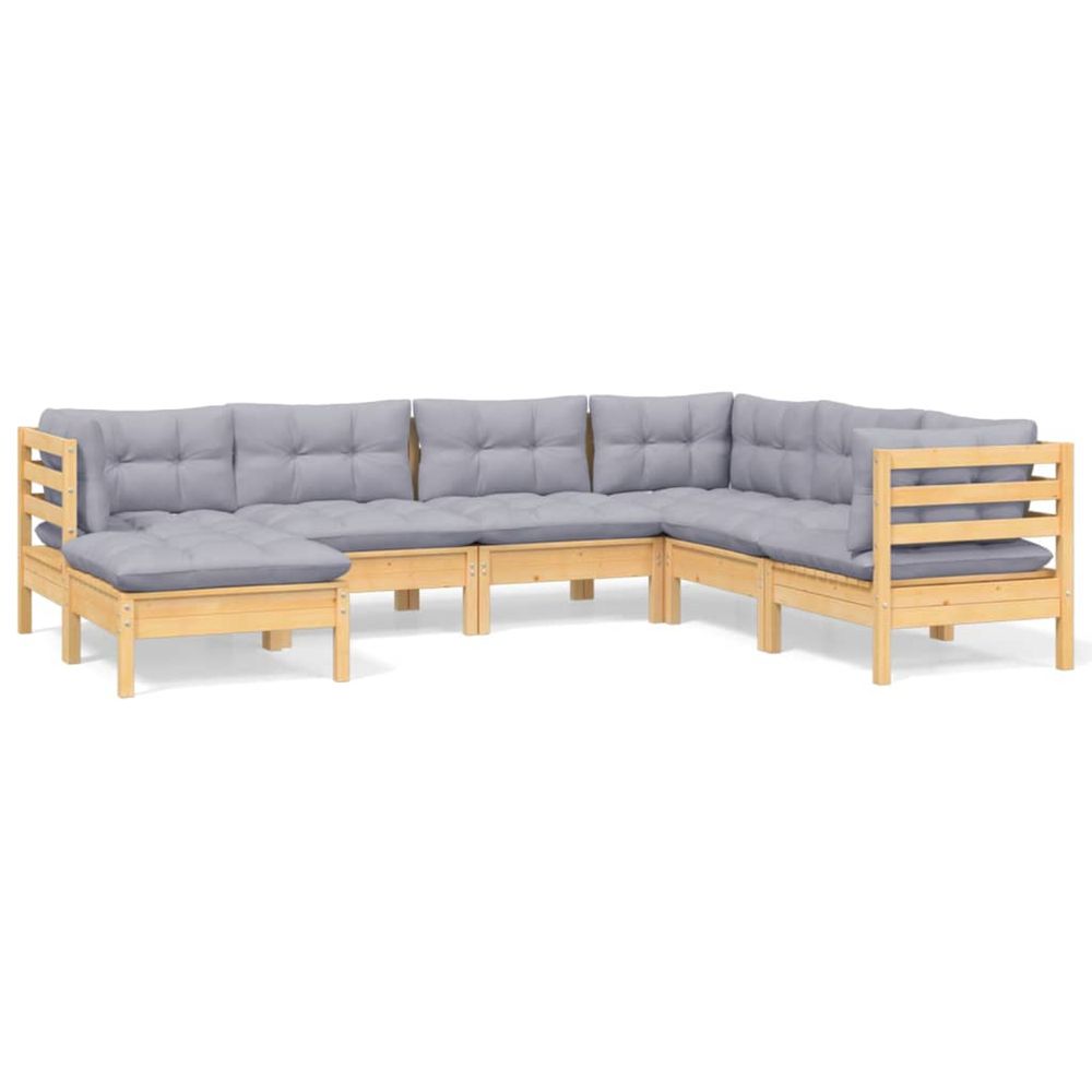 Salon de jardin 7 pcs avec coussins gris bois de pin massif