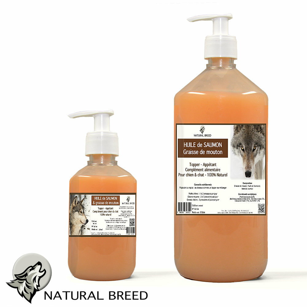 Huile saumon et graisse de mouton - topper naturel - chien & chat - 250 ml